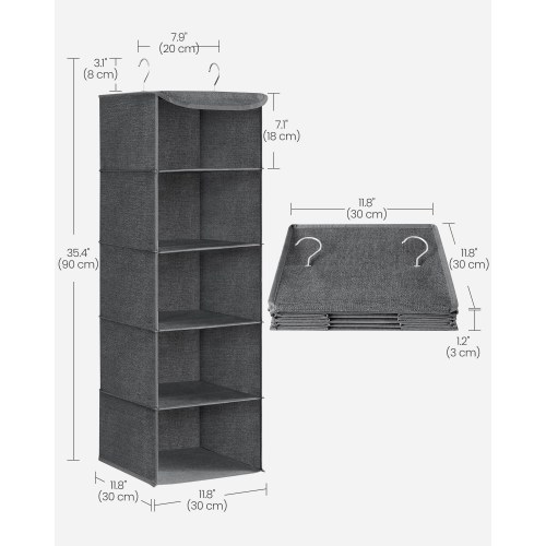 Hængende garderobeorganisator med 5 hylder - foldbar stofreol med metalkroge og bambusindsatser, grå (30×30×90 cm)