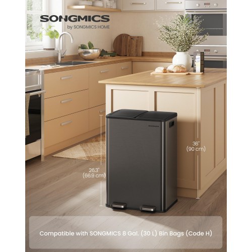 Dobbelt skraldespand 2 x 30 l med soft-close og pedal – rustfrit stål, skifergrå