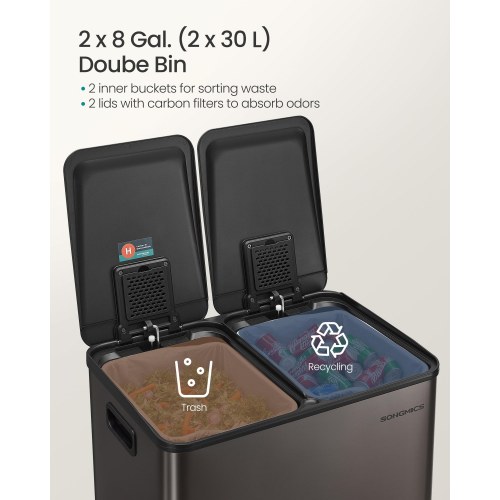 Dobbelt skraldespand 2 x 30 l med soft-close og pedal – rustfrit stål, skifergrå