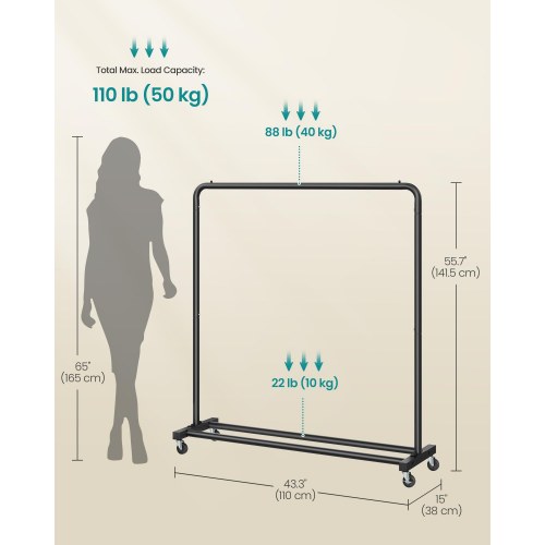 Tøjstativ på hjul - garderobestativ med bremser, 50 kg, 38 × 110 × 141,5 cm, blæksort (HSR016BH01)