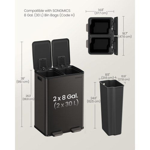 Dobbelt skraldespand 2 x 30 l med soft-close og pedal – rustfrit stål, skifergrå