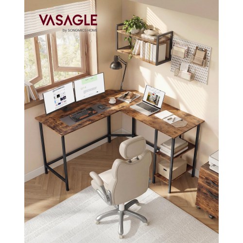 L-formet hjørneskrivebord 130 × 130 × 76 cm med 2 hylder – rustik brun/sort