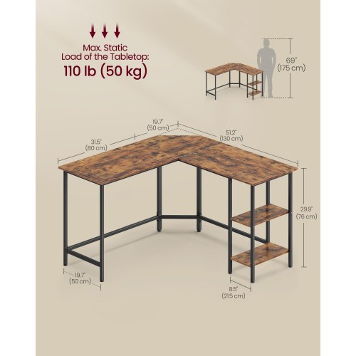 L-formet hjørneskrivebord 130 × 130 × 76 cm med 2 hylder – rustik brun/sort