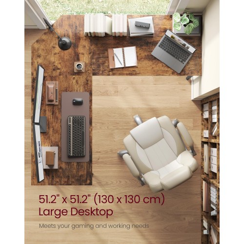 L-formet hjørneskrivebord 130 × 130 × 76 cm med 2 hylder – rustik brun/sort