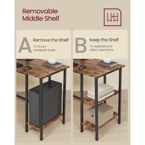 L-formet hjørneskrivebord 130 × 130 × 76 cm med 2 hylder – rustik brun/sort