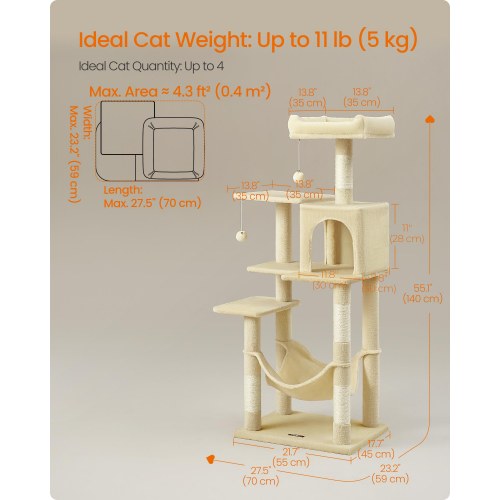 Feandrea kattetræ 140 cm - multifunktionelt kradsetræ med 4 kradsepæle, 2 liggepladser, hængekøje og hule - beige (UPCT161M01)