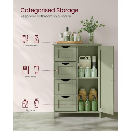 Badeværelsesskab med 4 skuffer og dør – fritstående opbevaringsskab, justerbar hylde, 30 × 55 × 82 cm, laurbærgrøn