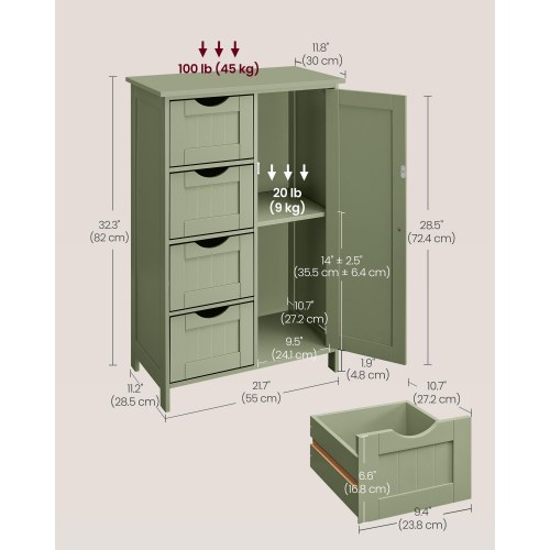 Badeværelsesskab med 4 skuffer og dør – fritstående opbevaringsskab, justerbar hylde, 30 × 55 × 82 cm, laurbærgrøn