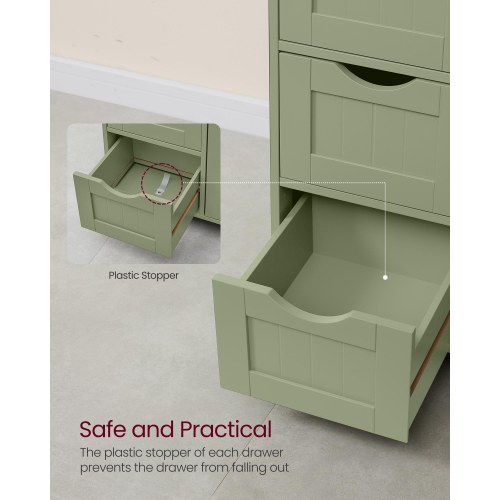 Badeværelsesskab med 4 skuffer og dør – fritstående opbevaringsskab, justerbar hylde, 30 × 55 × 82 cm, laurbærgrøn