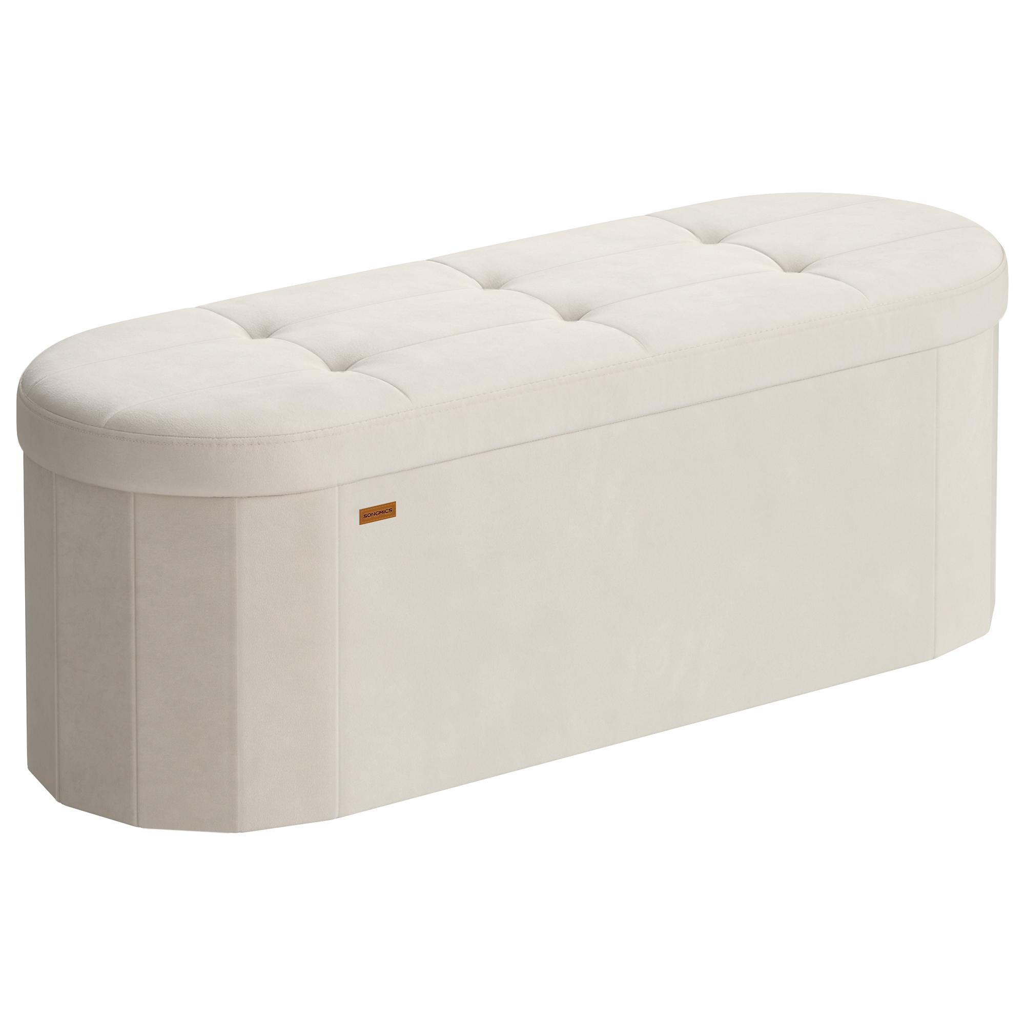 Foldbar puf med opbevaring - oval bænk i velour, 110 x 38 x 38 cm, cremehvid (MAZIE Collection)
