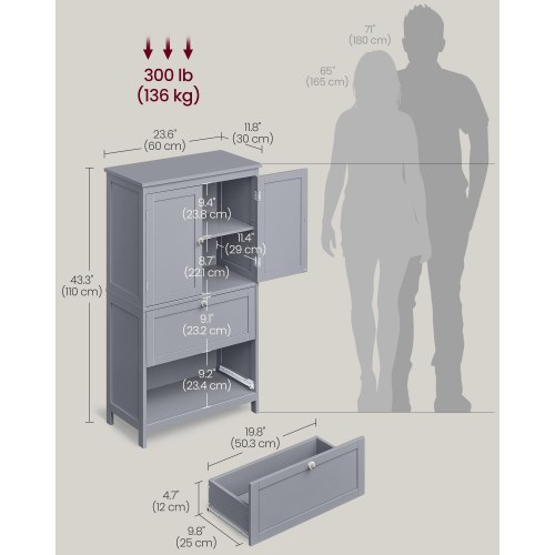 Gulvstående opbevaringsskab med 2 skuffer og 2 låger - justerbar hylde, 30 × 60 × 110 cm, duegrå