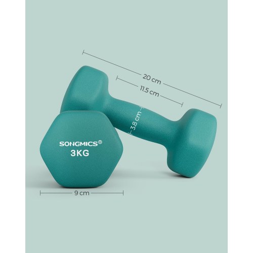 Håndvægte sæt 2 x 3 kg - sekskantede neopren-håndvægte, turkis