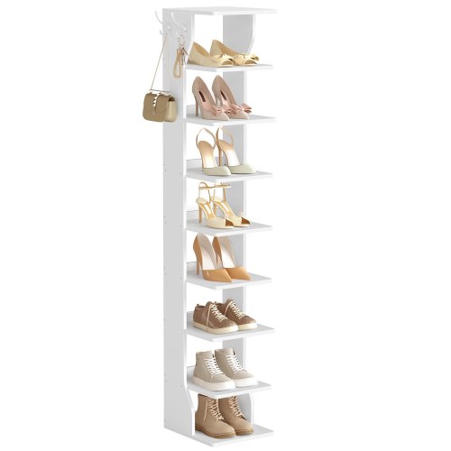 Smal skoreol med 9 hylder – mat hvid, pladsbesparende skoopbevaring til entré og små rum