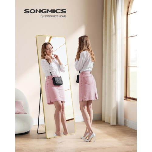 Fuldfigurs gulvspejl 160 × 50 cm – rektangulært spejl med stander, hærdet glas, aluminiumsramme – lys guld