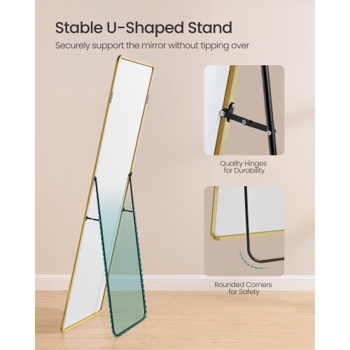 Fuldfigurs gulvspejl 160 × 50 cm – rektangulært spejl med stander, hærdet glas, aluminiumsramme – lys guld