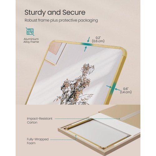 Fuldfigurs gulvspejl 160 × 50 cm – rektangulært spejl med stander, hærdet glas, aluminiumsramme – lys guld