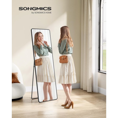 Fuldfigurs gulvspejl 150 × 40 cm med ståstativ – rektangulært spejl i hærdet glas, aluminiumsramme, blæksort