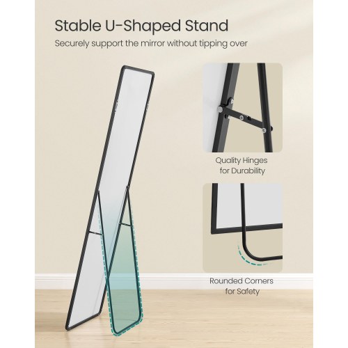 Fuldfigurs gulvspejl 150 × 40 cm med ståstativ – rektangulært spejl i hærdet glas, aluminiumsramme, blæksort