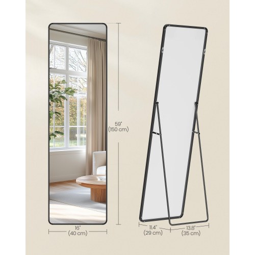 Fuldfigurs gulvspejl 150 × 40 cm med ståstativ – rektangulært spejl i hærdet glas, aluminiumsramme, blæksort