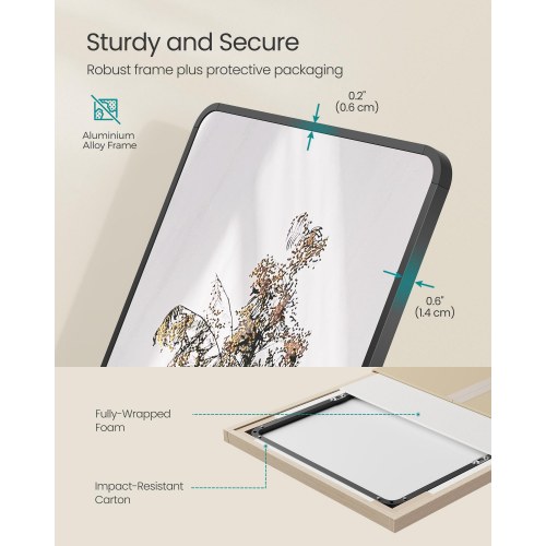 Fuldfigurs gulvspejl 150 × 40 cm med ståstativ – rektangulært spejl i hærdet glas, aluminiumsramme, blæksort