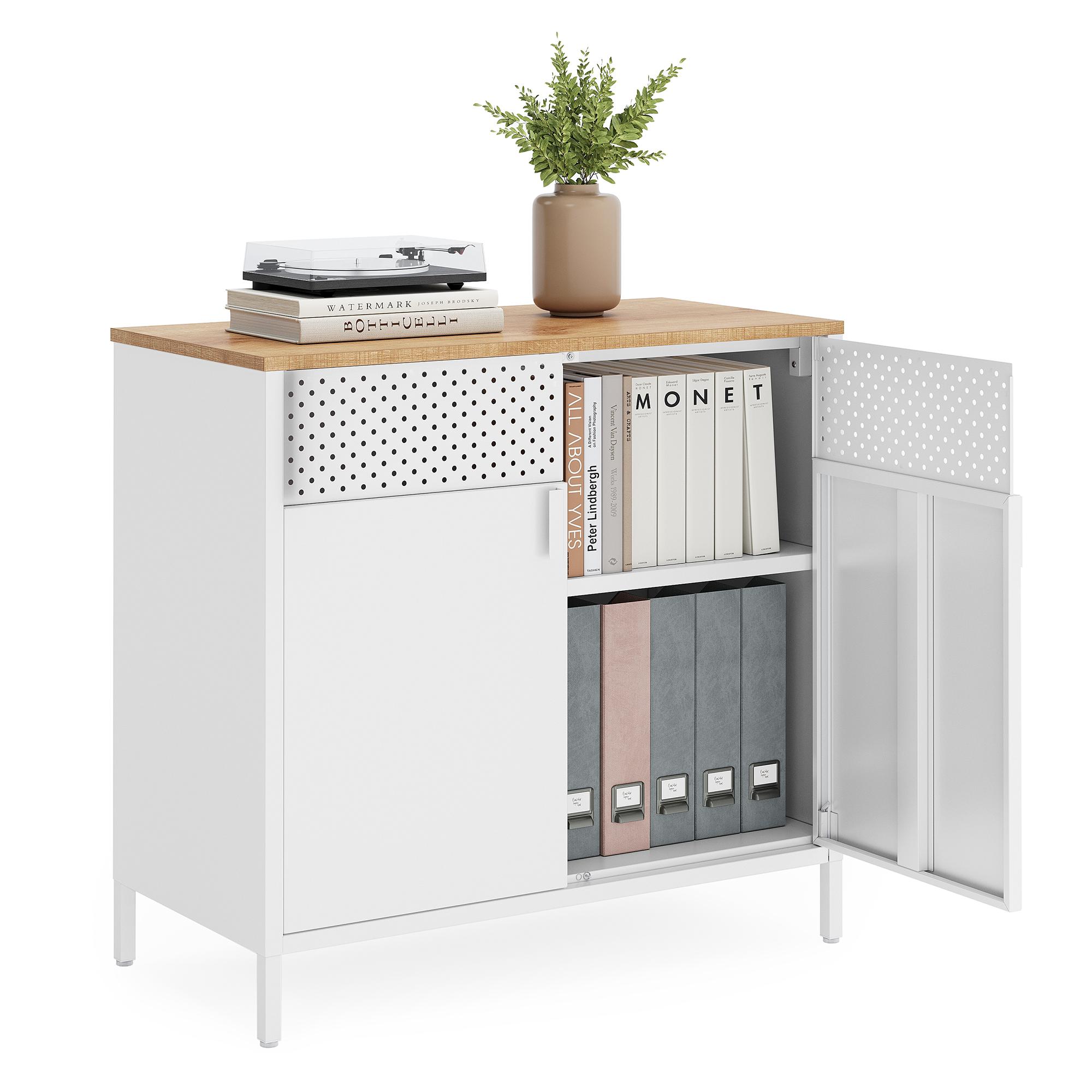 Opbevaringsskab i metal med dobbeltdøre – justerbar hylde, natur/hvid, LSC102W57