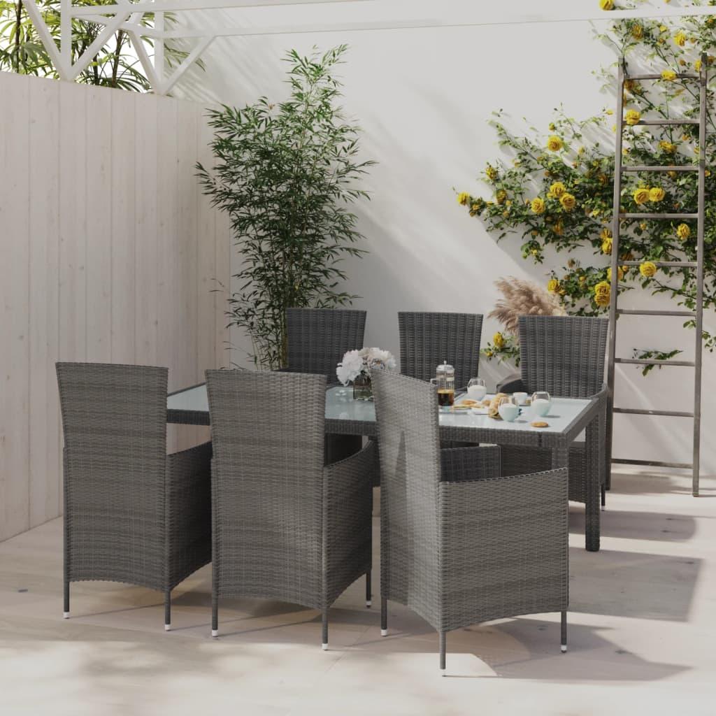 Udendørs spisebordssæt 7 dele med hynder polyrattan grå