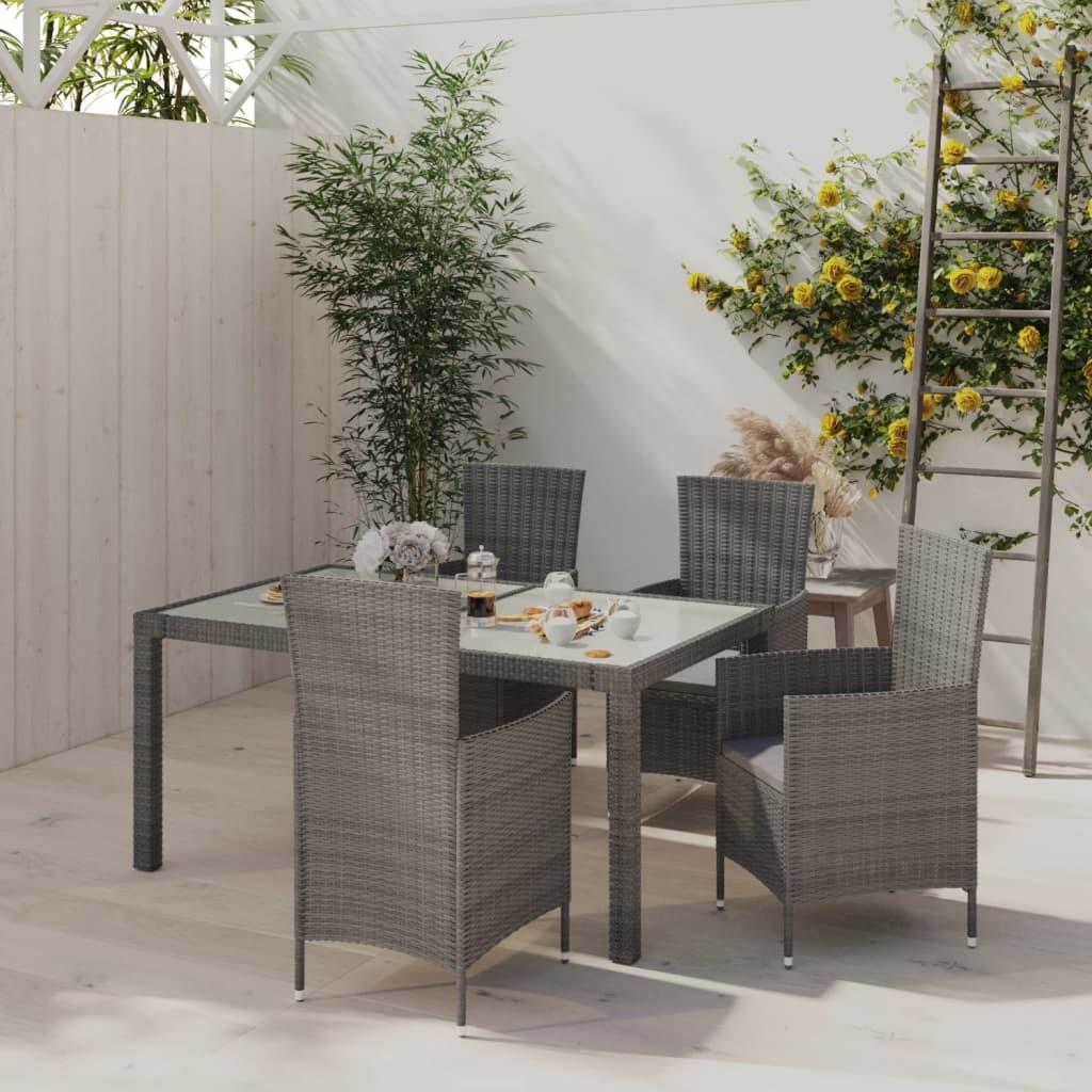 Udendørs spisebordssæt 5 dele med hynder polyrattan grå