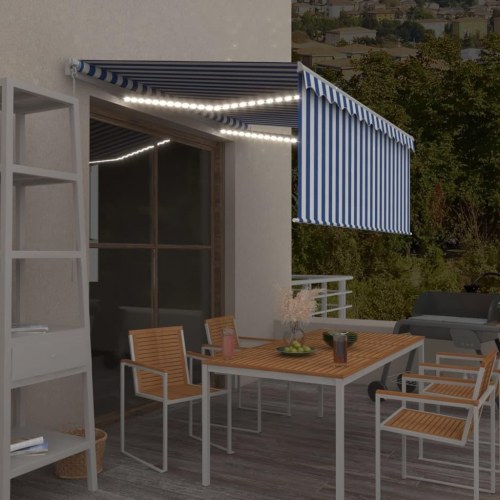 Markise med gardin og LED 3,5 × 2,5 m - manuel, blå/hvid