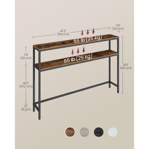 Konsolbord med 2 hylder - slankt sofabord 20 × 120 × 80 cm, rustik brun/sort