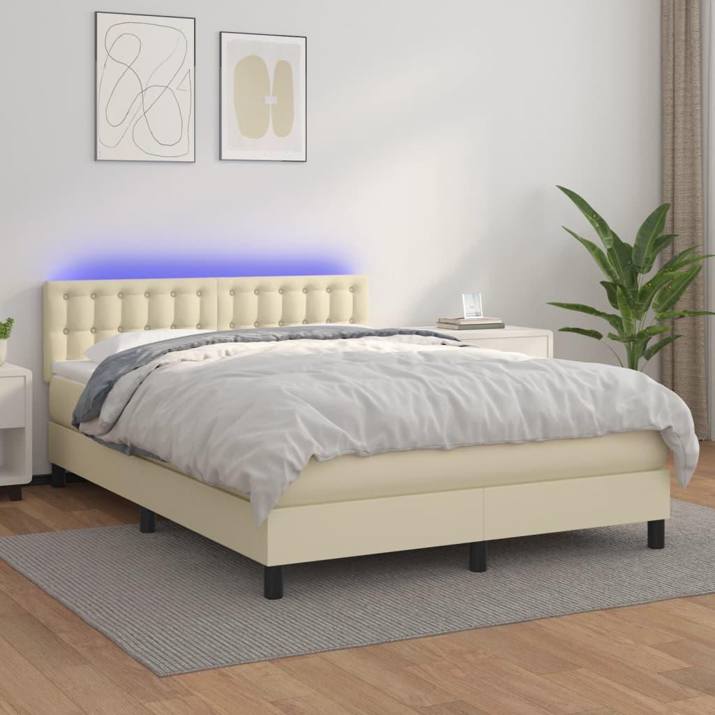 Kontinentalseng med LED-lys 140x190 cm kunstlæder cremefarvet