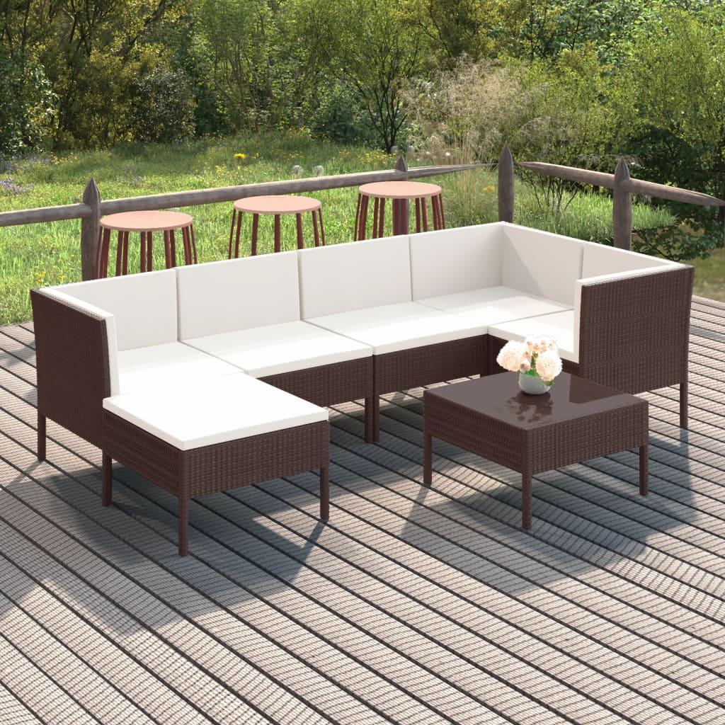 Loungesæt til haven i polyrattan - 7 dele, brun med cremefarvede hynder