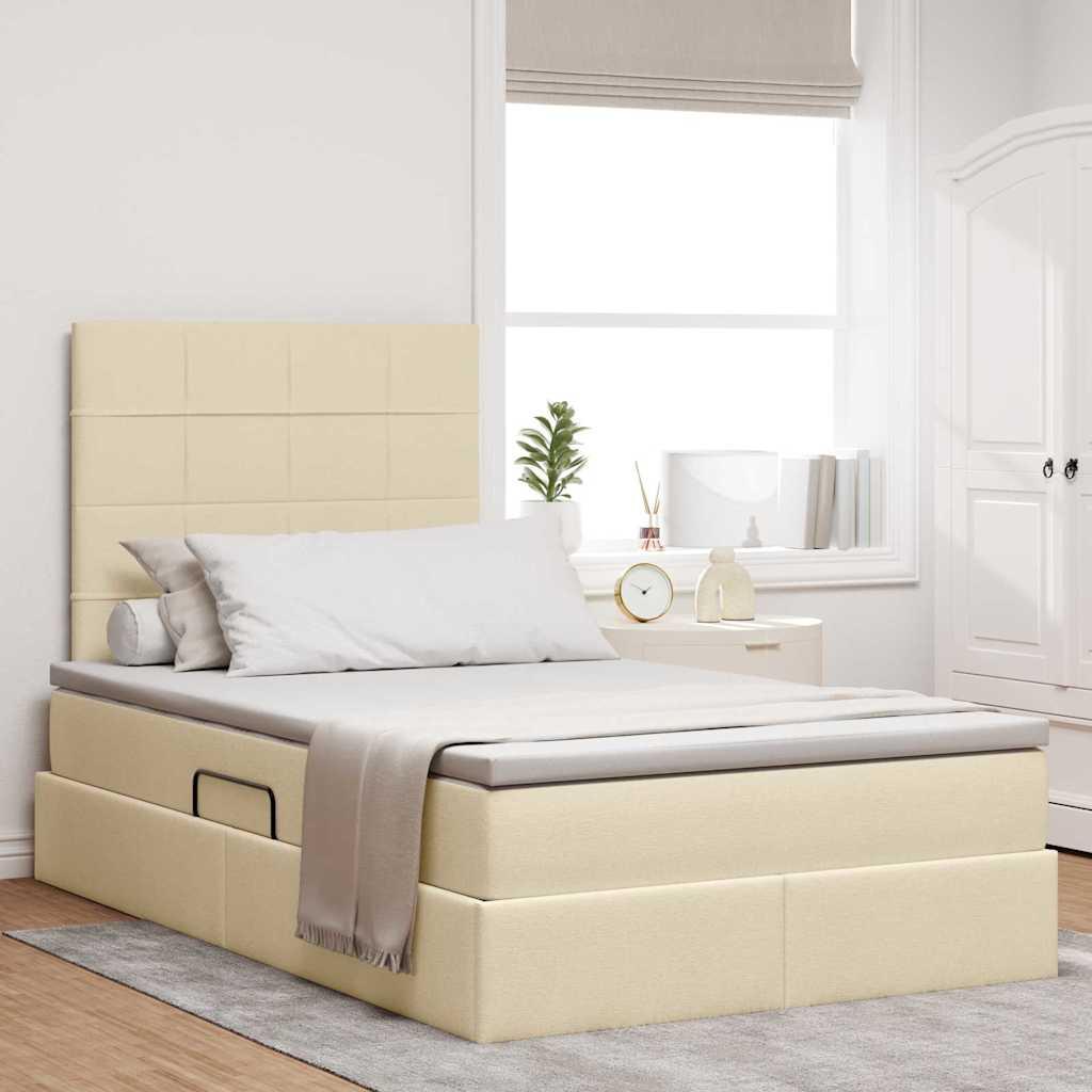 Seng med opbevaring og madras - creme stof 120 x 190 cm