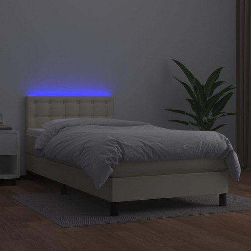 Kontinentalseng med LED-lys 90x190 cm - kunstlæder, creme