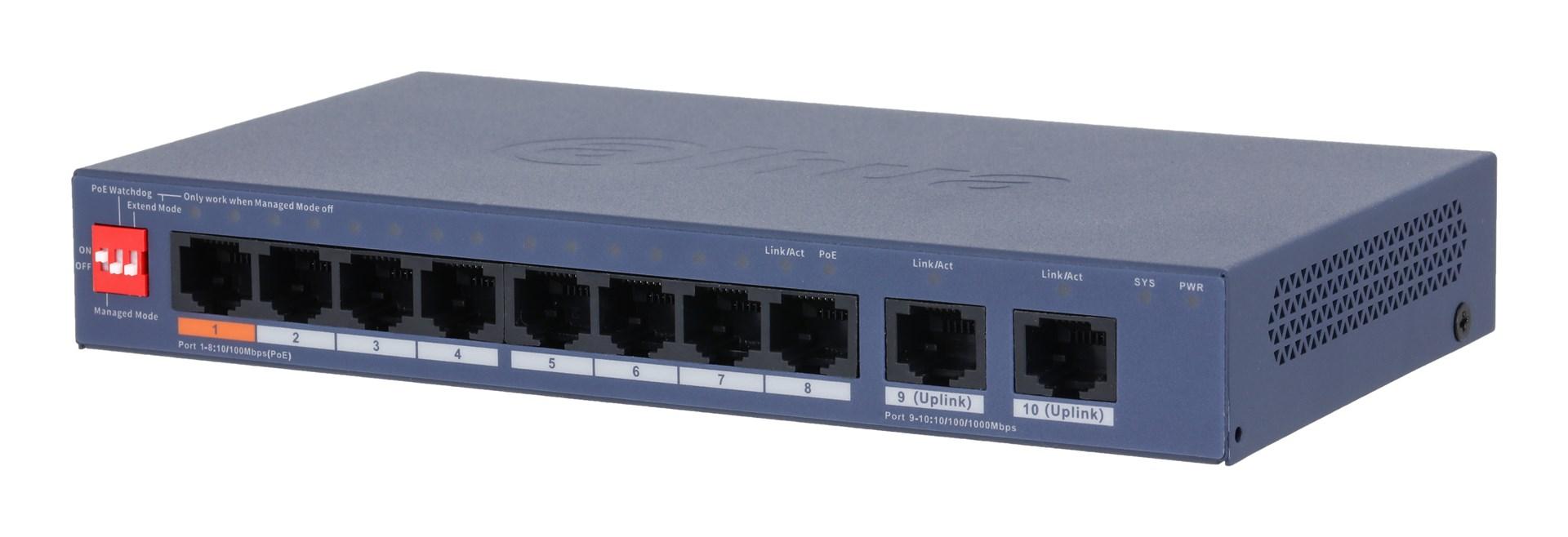 Dahua CS4010-8ET2GT-60 - Managed L2 PoE switch, 8×PoE + 2×Gigabit uplink, blå
