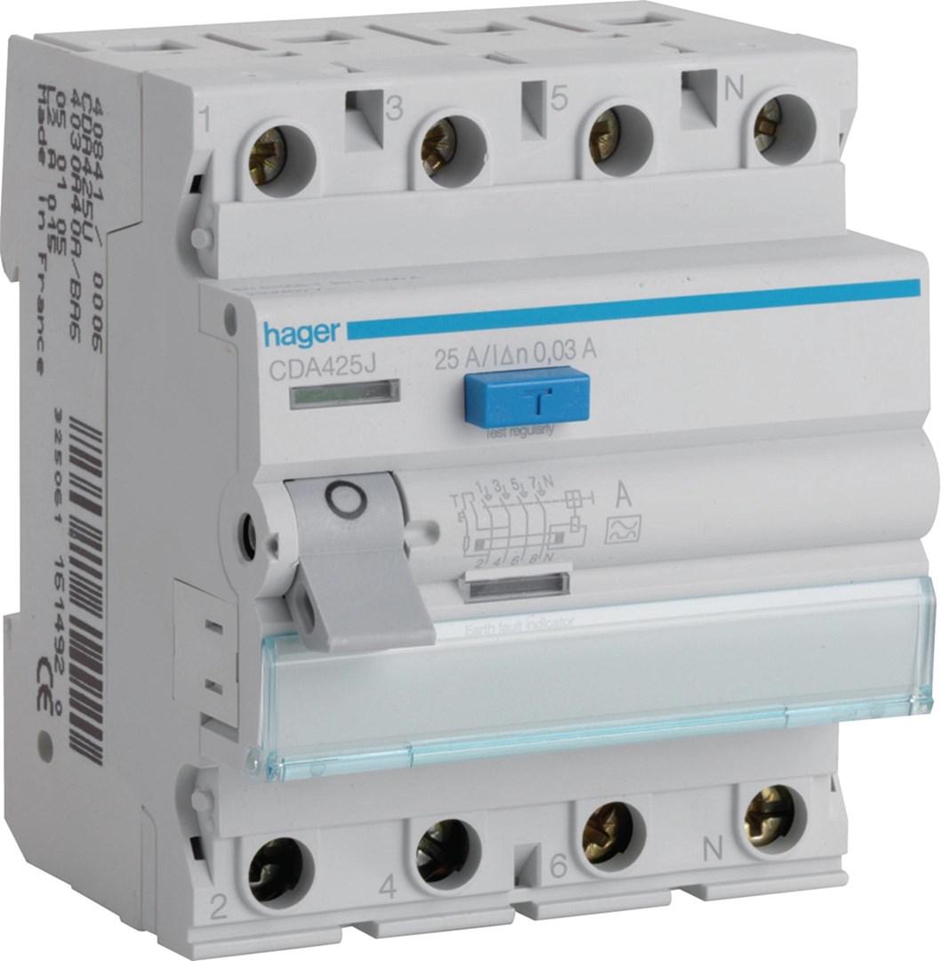 Hager CDA425J fejlstrømsafbryder 25 A, 4-polet, 30 mA type A, 6 kA