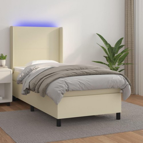 Kontinentalseng med LED-lys 90×190 cm - kunstlæder, creme
