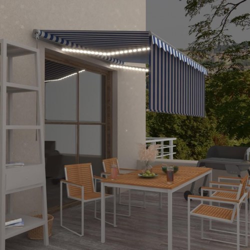 Markise med gardin og LED - 3,5 × 2,5 m, manuel, blå/hvid