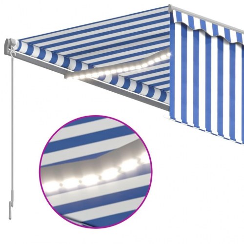 Markise med gardin og LED - 3,5 × 2,5 m, manuel, blå/hvid