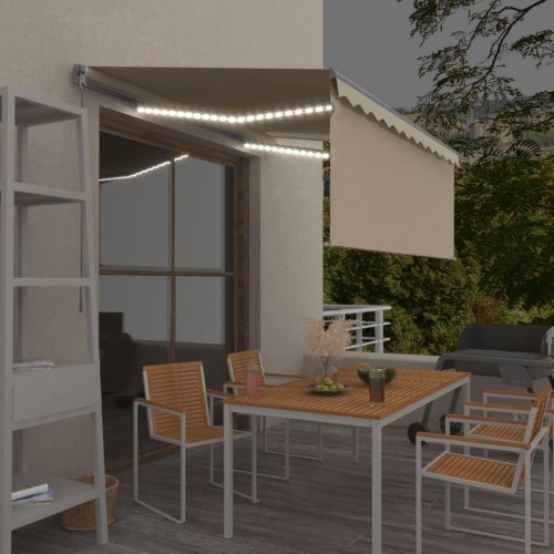 Markise med gardin og LED - 3,5 × 2,5 m, manuel, cremefarvet