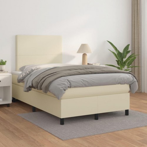 Kontinentalseng 120x200 cm i kunstlæder - cremefarvet med madras og topmadras