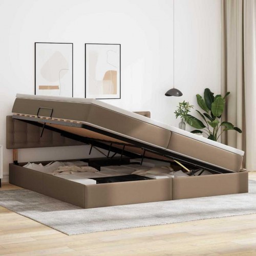 Seng med opbevaring og LED Lysegrå 200 x 200 cm Faux læder