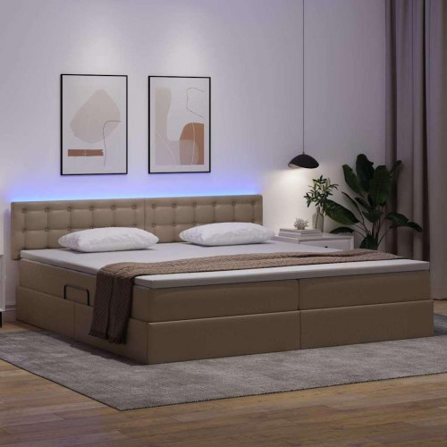 Seng med opbevaring og LED Lysegrå 200 x 200 cm Faux læder