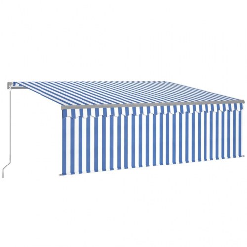 Markise med gardin og LED - 4,5 × 3 m, manuel, blå/hvid