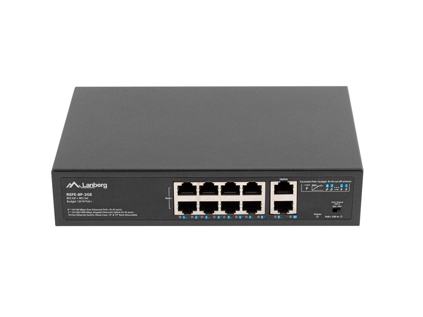 Lanberg RSFE-8P-2GE-120 - 10-port uadministreret PoE Gigabit switch, 1U, sort billede
