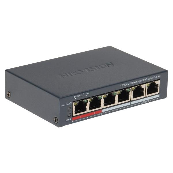 Hikvision DS-3E0106P-E/M(B) PoE-switch â 4 porte + uplink, 10/100 Mbps