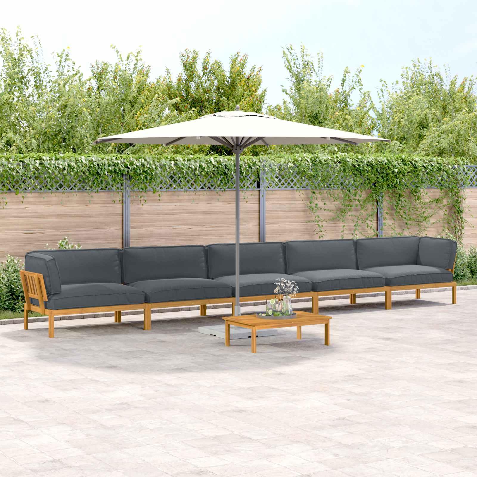 Lounge sofa sæt til have og terrasse i massivt akacietræ med antracit puder, 6 dele