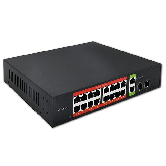 Qoltec gigabit switch med PoE – 16x RJ45, 2x RJ45 uplink, 2x SFP, 1000 Mb/s