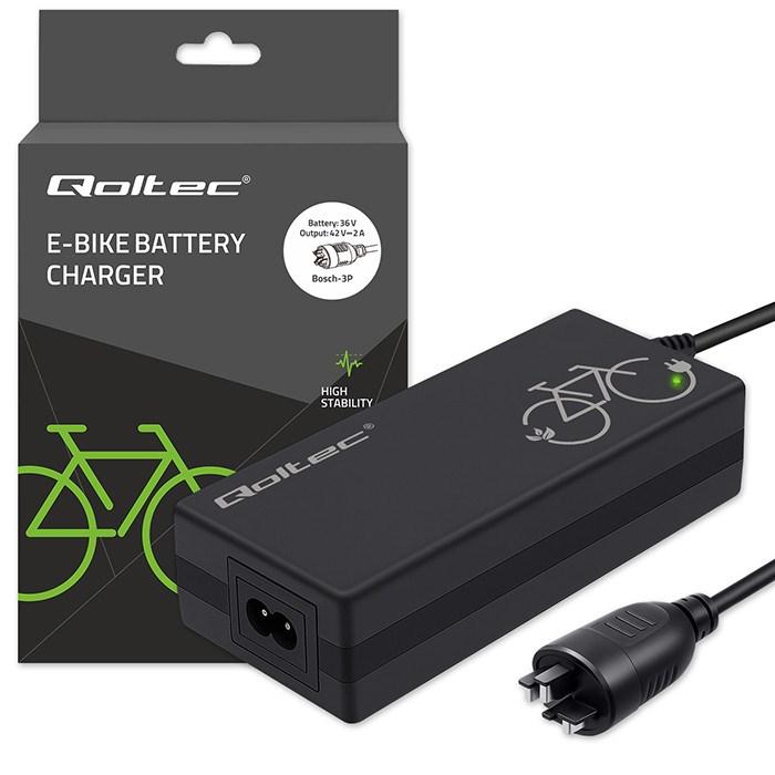 „Qoltec Fast“ įkroviklis elektriniam dviračiui 36V | 42V | 2A | Bosch 3 kontaktų kištukas + maitinimo laidas