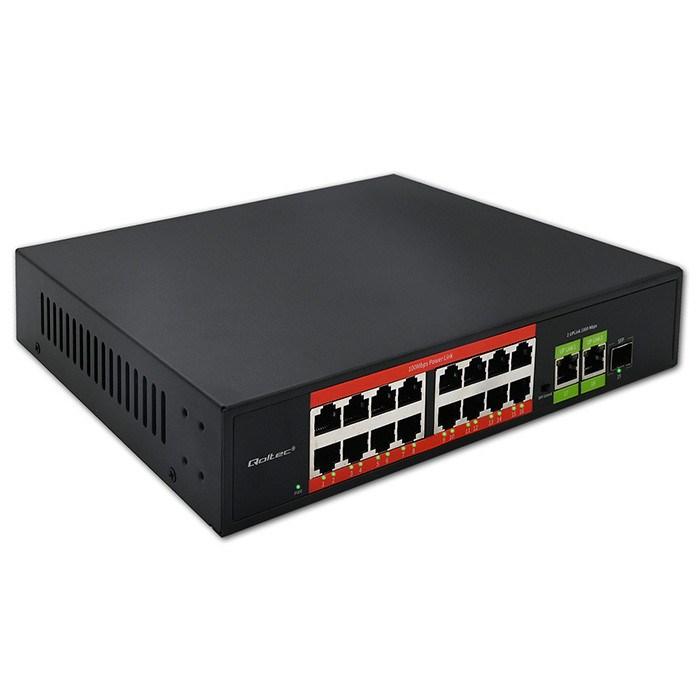 Qoltec switch Fast Ethernet PoE - 16x RJ45 10/100 Mb/s, 2x RJ45 uplink 1000 Mb/s, 1x SFP 1000 Mb/s