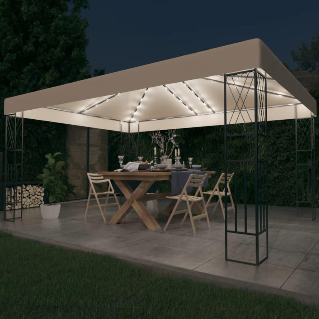 Pavillon med LED-lyskæder 3x4 m stof cremefarvet